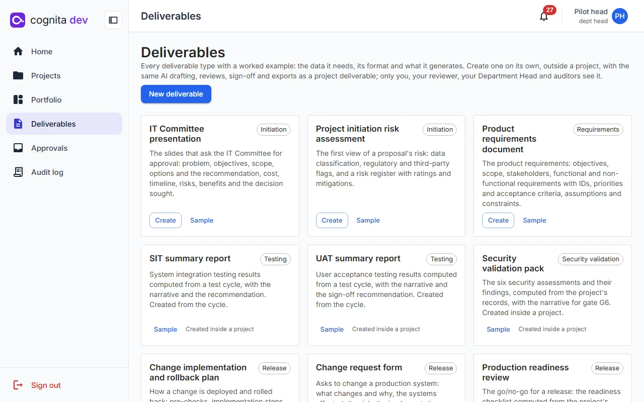 cognita dev interface with its sidebar, header and card layout