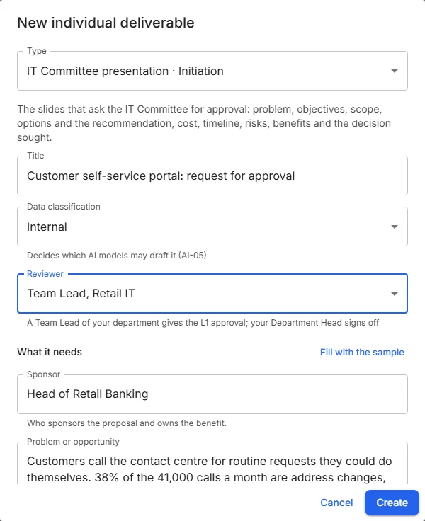 New deliverable dialog with type, title, data classification, reviewer and the fields the type needs