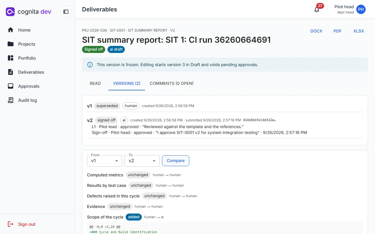 Section-by-section comparison of two versions of the SIT report
