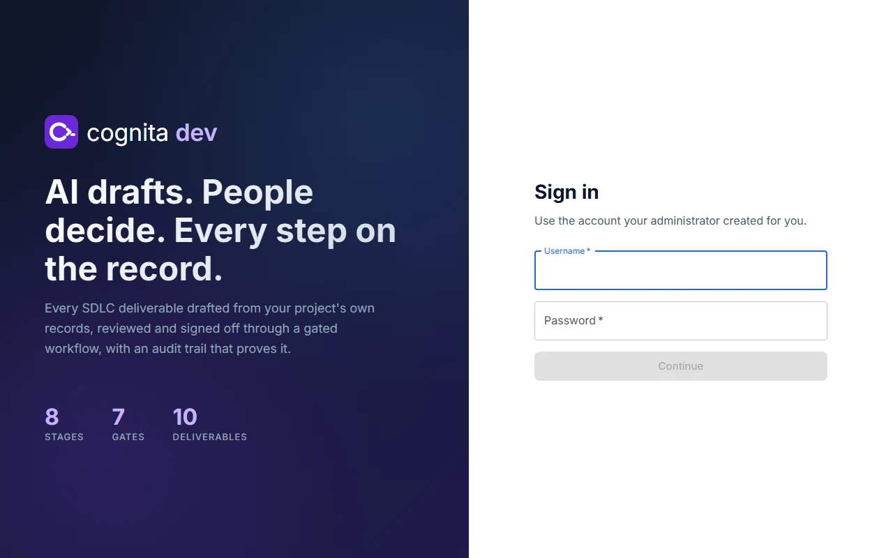 cognita dev sign-in screen: dark panel with the mark and headline beside a white form