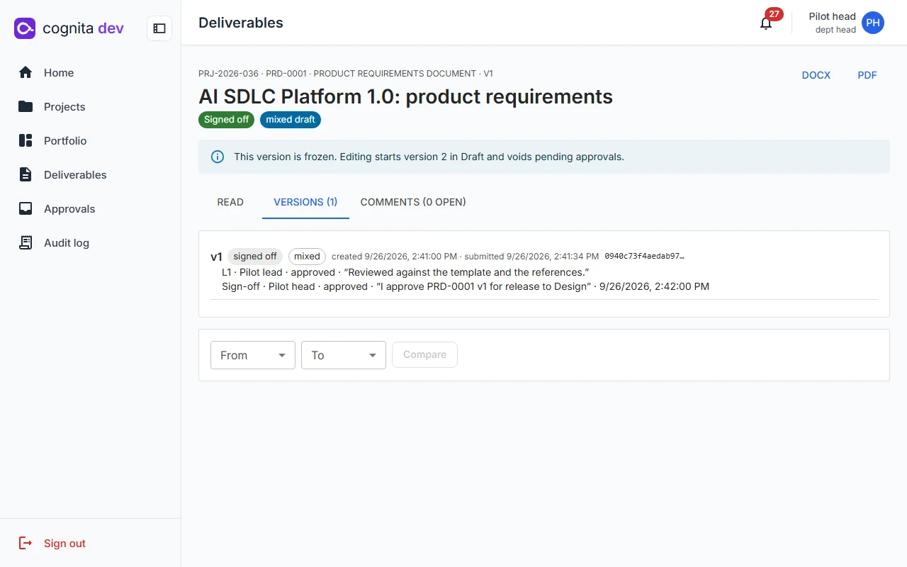 Version list showing a signed-off version with its hash, L1 approval and sign-off statement