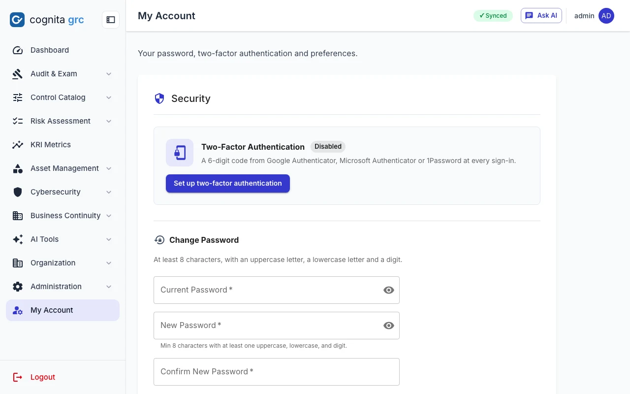 My Account with two-factor authentication setup, password change, signed-in sessions and the AI model preference