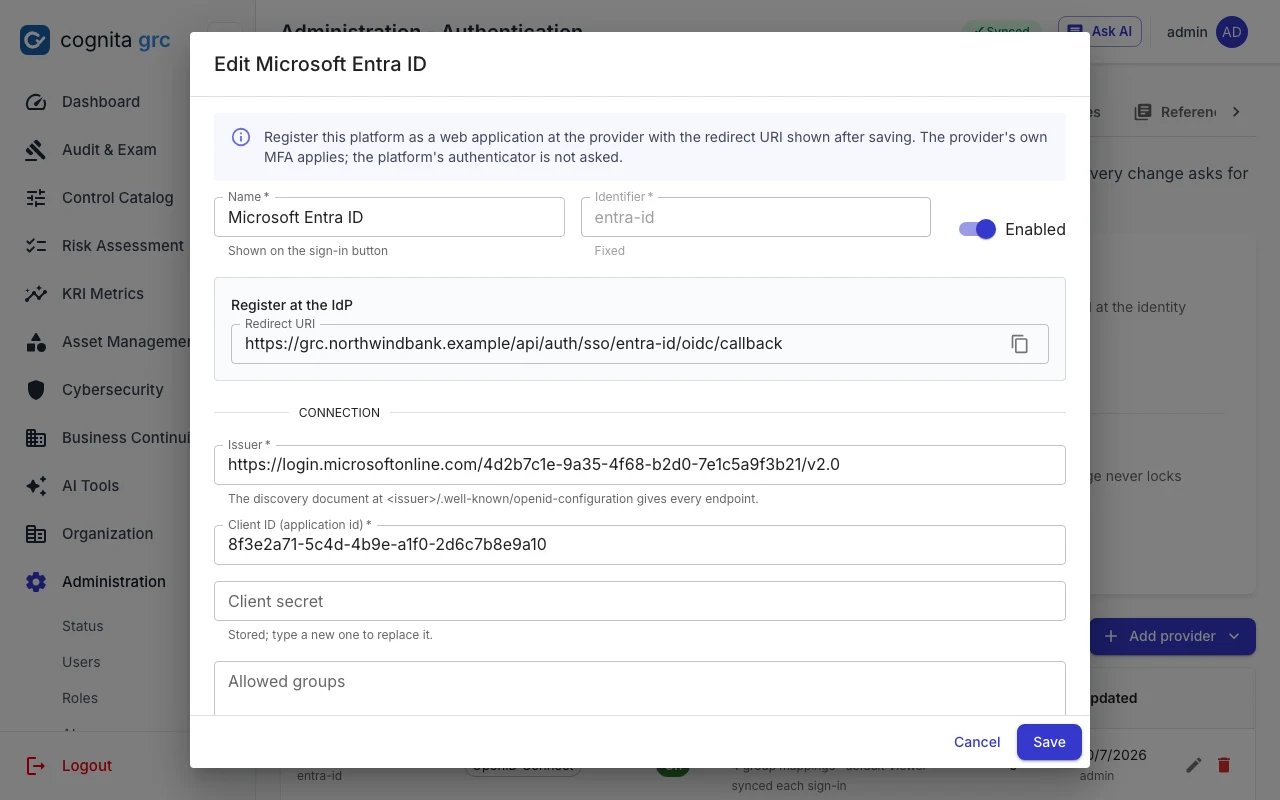 Editing an OpenID Connect provider: the redirect URI to register at the identity provider, issuer, client id and stored client secret