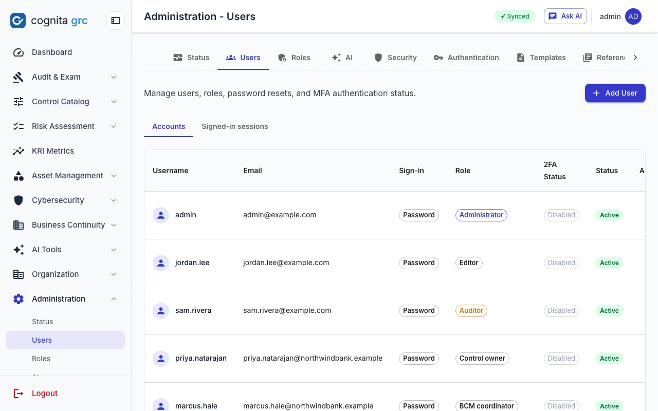 User accounts with e-mail, how each signs in, the roles held, two-factor status and active state