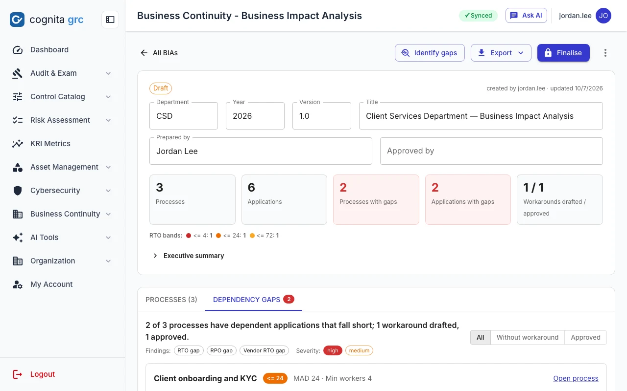 A department BIA with counts of processes, applications and gaps, and the dependency gaps tab listing a process whose application falls short
