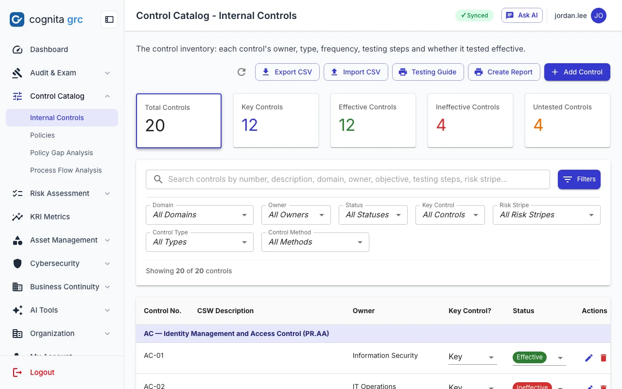 Internal controls with totals for key, effective, ineffective and untested controls