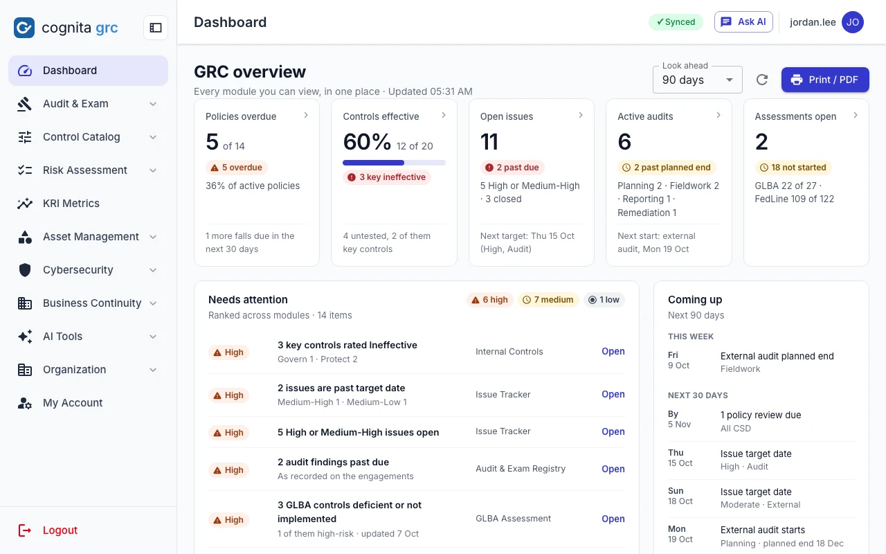 cognita grc overview with headline tiles, a ranked needs-attention queue and upcoming deadlines