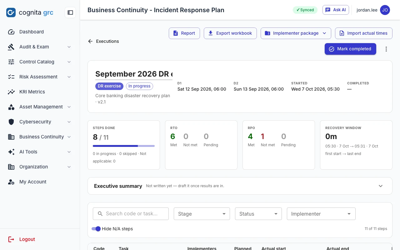 An exercise in progress: steps done, RTO and RPO met or not met, the recovery window, and the step table with actual start and end times