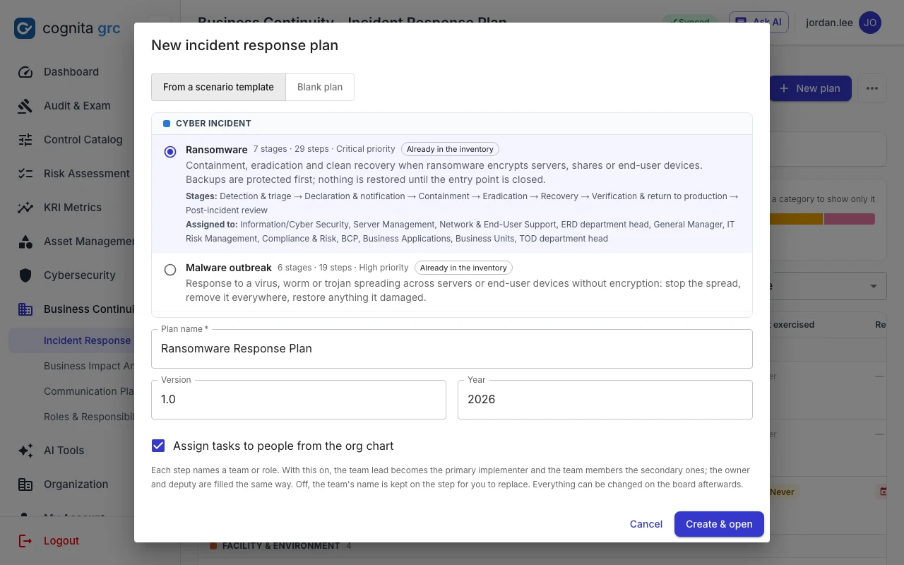 The new plan dialog listing the scenario templates by category, with the ransomware template selected and its stages and assigned teams shown
