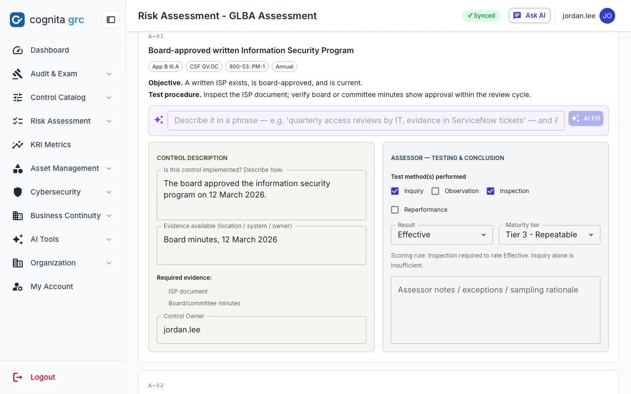 A GLBA control with separate owner and assessor zones, test methods, result and maturity tier