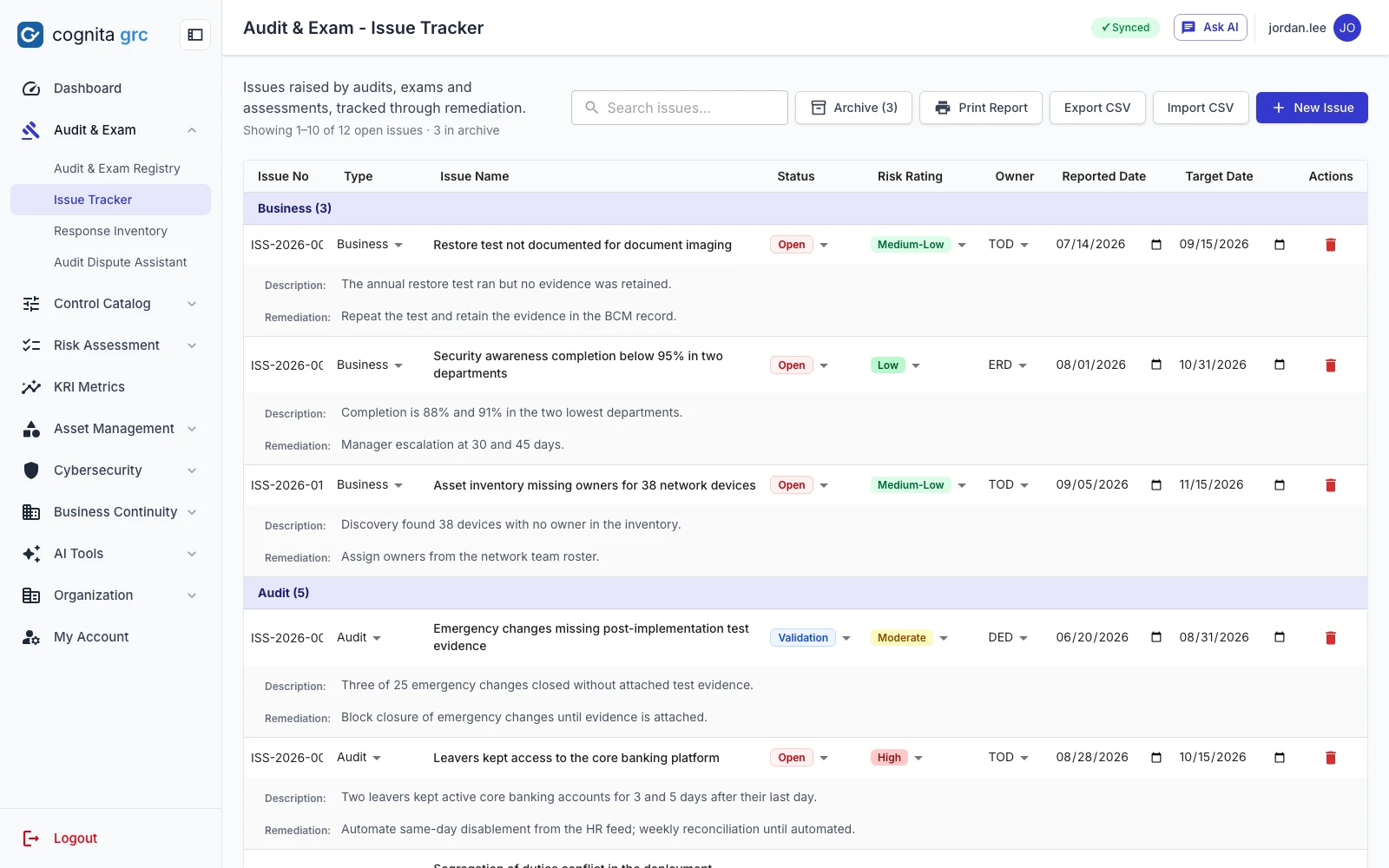 Issue tracker grouped by type with status, rating, owner and dates