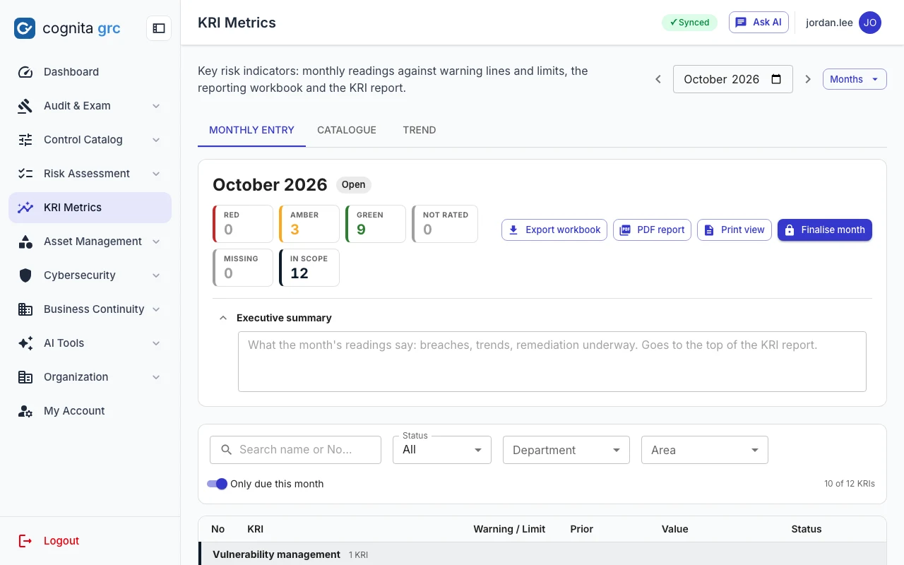 KRI monthly entry for October 2026 with red, amber, green and missing counts, an executive summary box and the indicators due this month