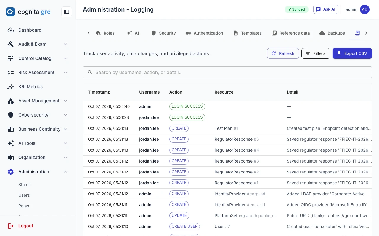 Audit log listing sign-ins, creates and updates with user, resource and detail