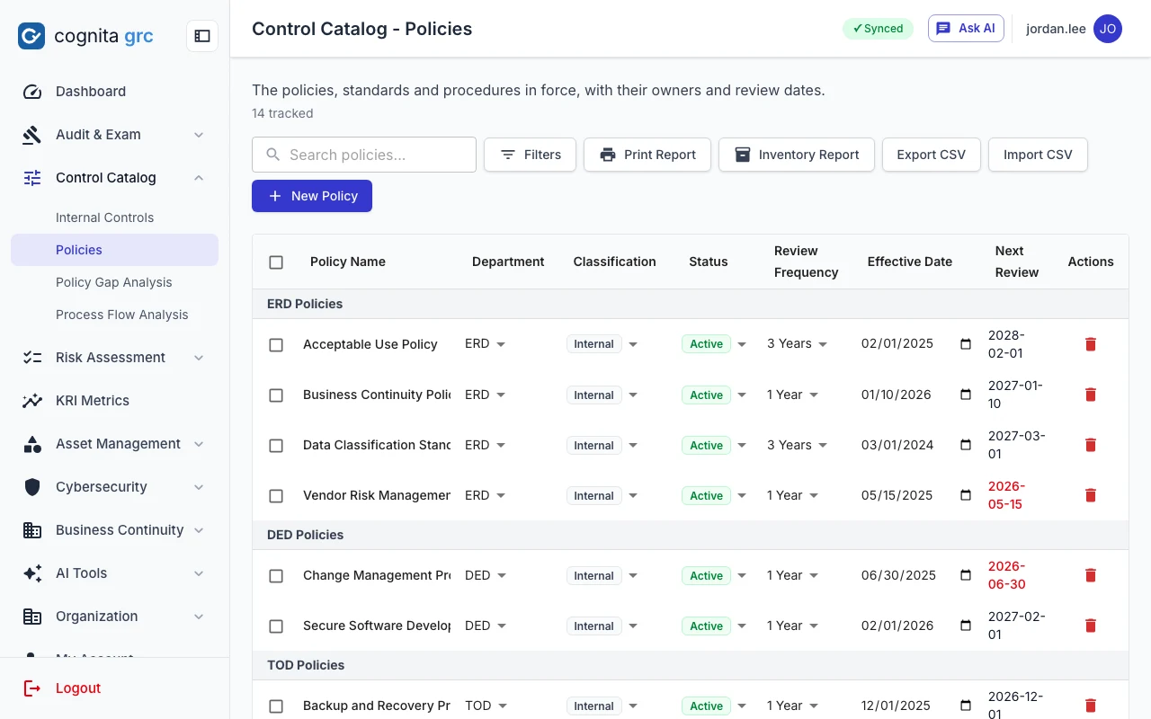 Policy inventory by department with computed next-review dates, overdue ones in red