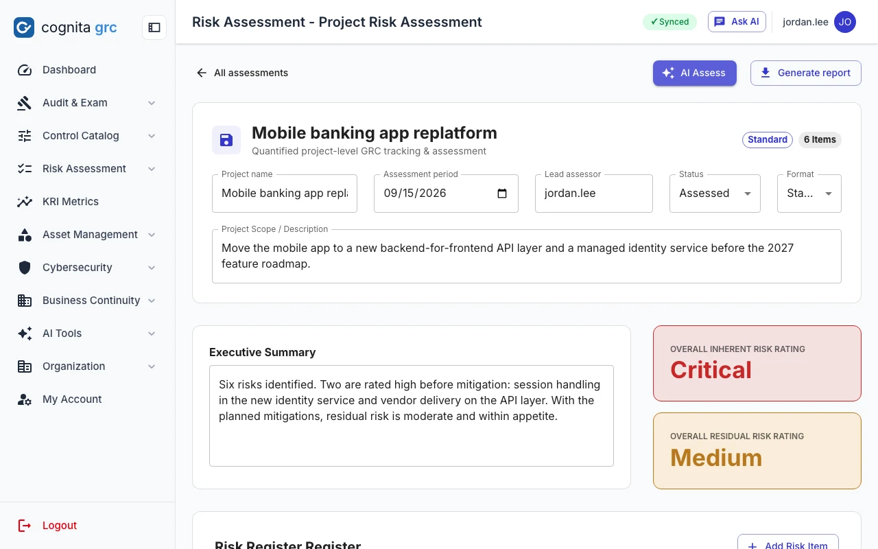 Project risk assessment with overall inherent rating Critical and residual rating Medium