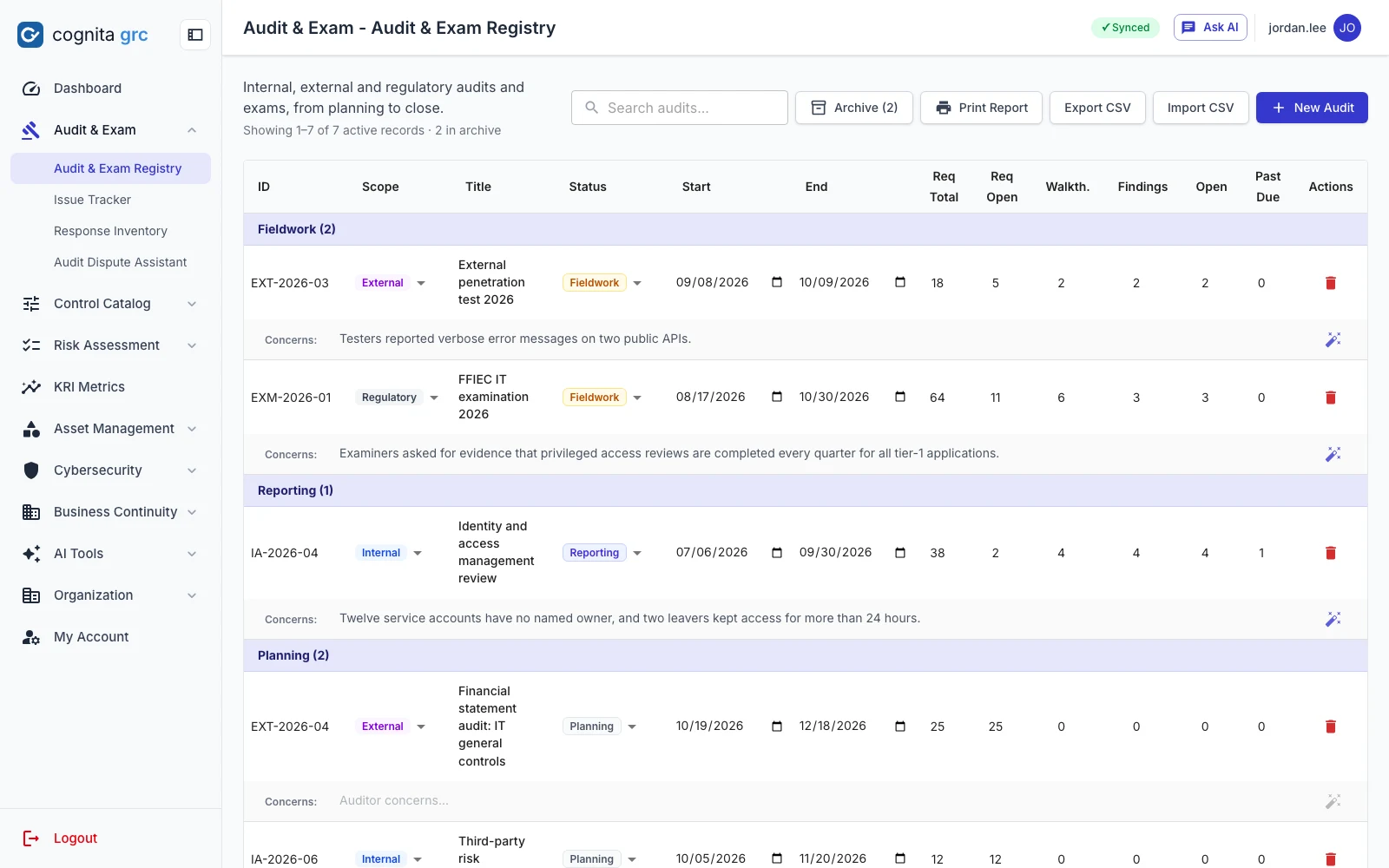 Audit and exam registry grouped by status, with requests, walkthroughs, findings and past-due counts per engagement
