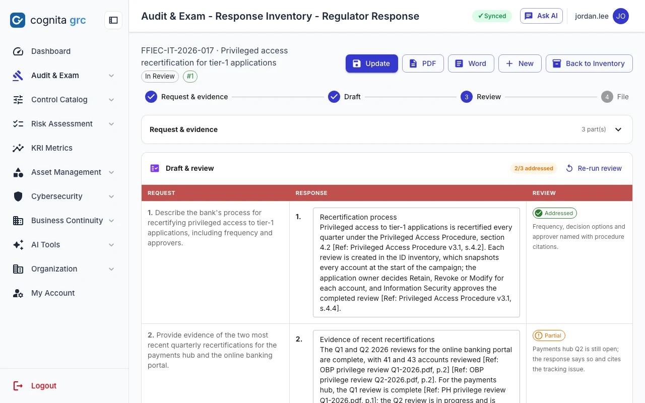 Regulator response workspace pairing each part of the request with its answer and a QA verdict