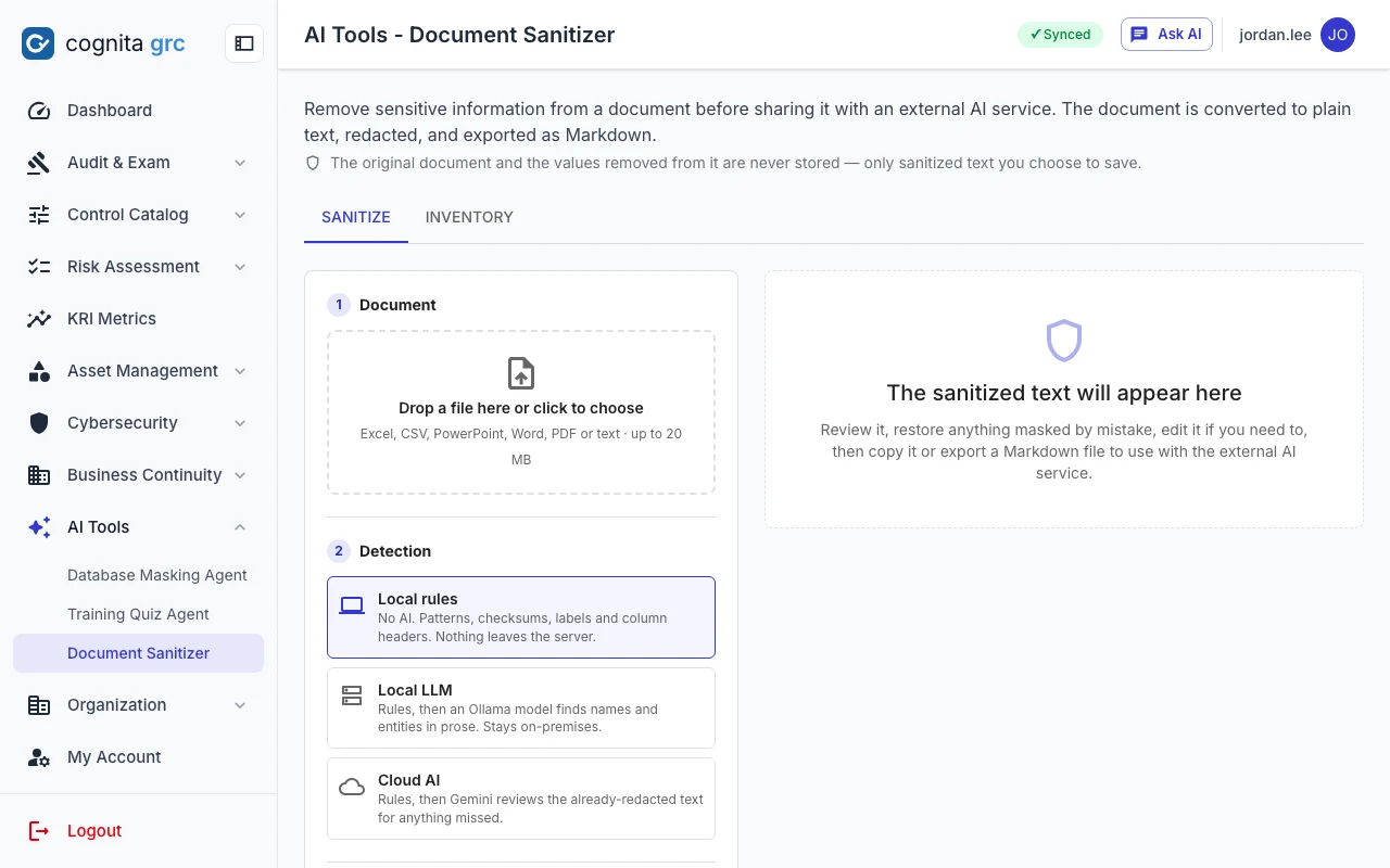 Document Sanitizer page with its upload area and the list of what gets replaced before a document reaches a cloud model