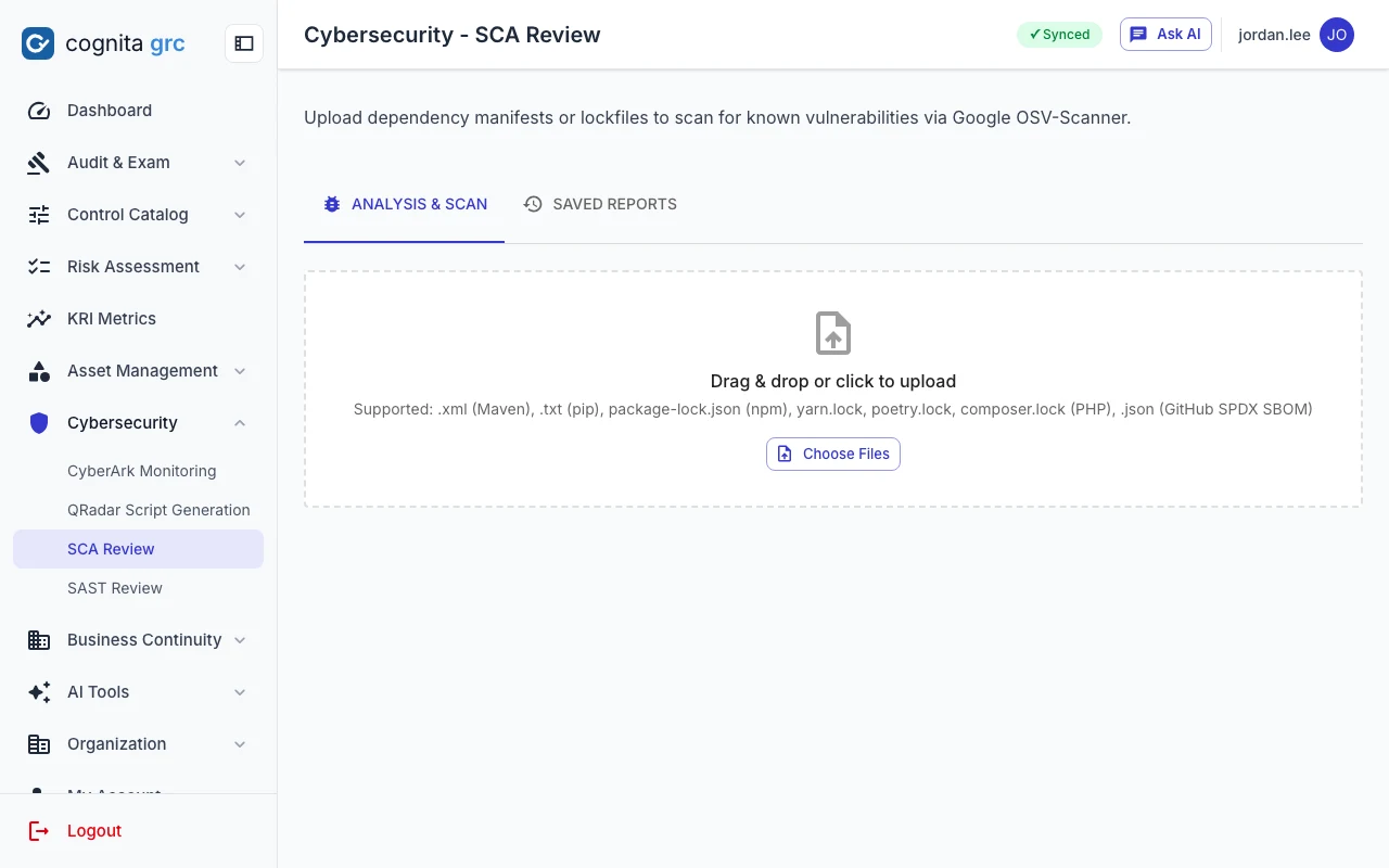 SCA review upload area accepting Maven, pip, npm, yarn, poetry and composer lockfiles or an SPDX SBOM