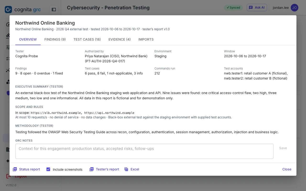 An engagement's overview: application, tester, authorisation, testing window, scope in and out, rules of engagement and test accounts, with findings, test cases, evidence and imports on further tabs