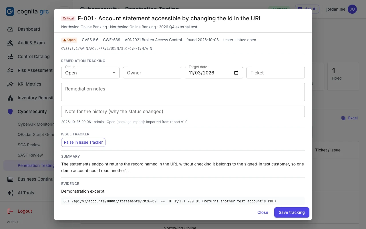 A penetration test finding with its summary, evidence excerpt, remediation, screenshot evidence and the tracking fields