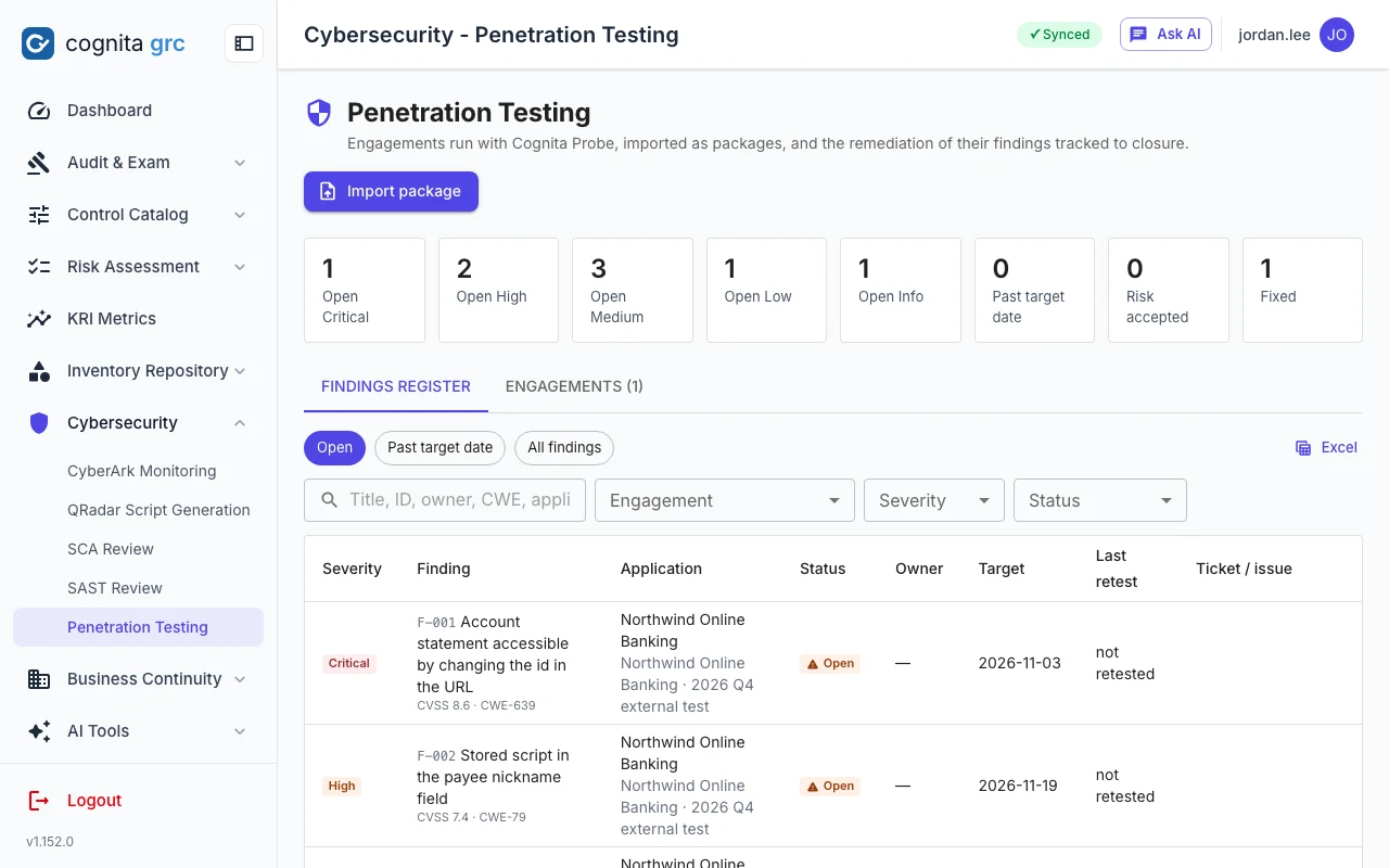 Penetration testing overview: open findings by severity and overdue counts across engagements, and the engagement list with application, window, tester and report version