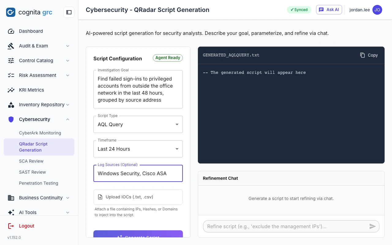 QRadar script generation: investigation goal, script type, time frame and log sources on the left, the generated script and a refinement chat on the right