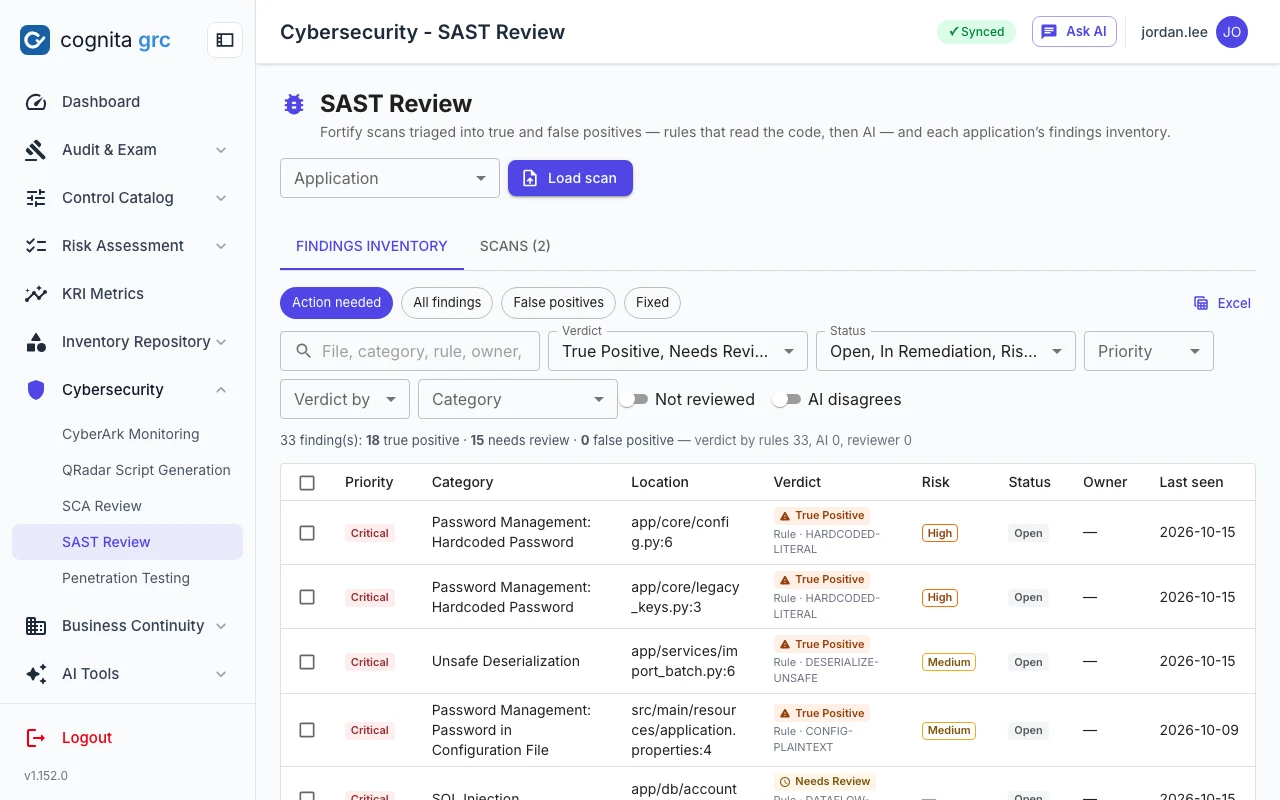 SAST findings inventory for an application: each Fortify finding with its priority, category, file and line, and the verdict in force with who gave it