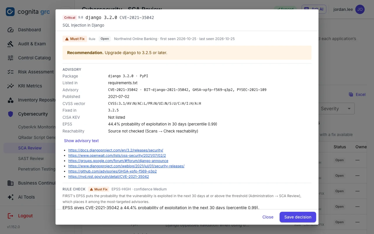 An SCA finding: the advisory text and references, which uploaded files list the package and whether as a development dependency, the rule applied and the reviewer's verdict